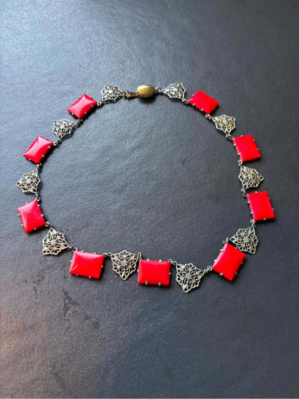 authentic vintage Red Tile Filigree Necklace - Women Jewelry Art Deco READ